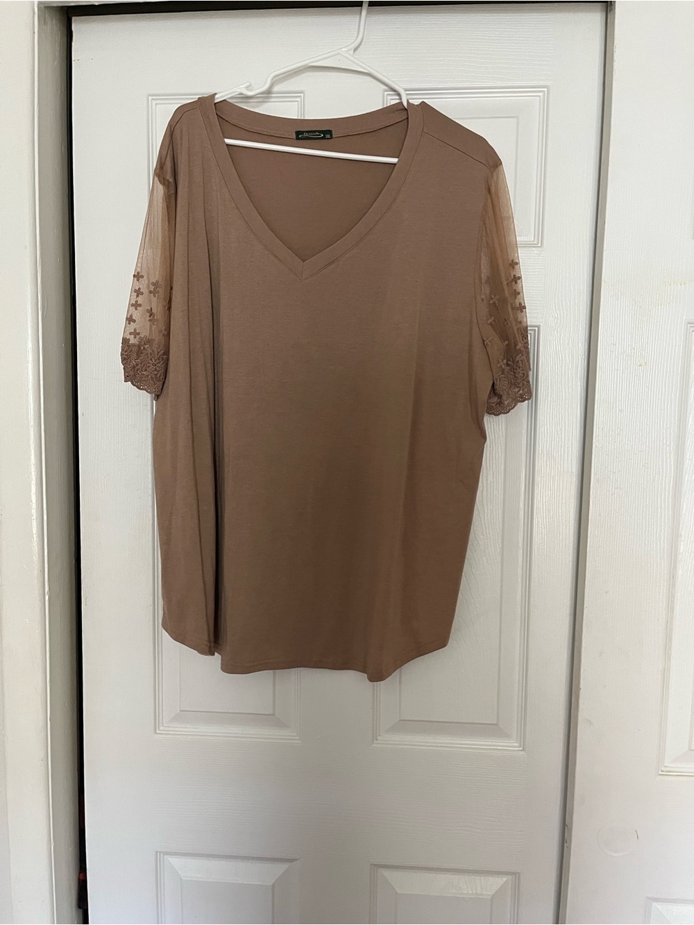 V-Neck Women's Tunic with Sheer Embroidered Sleeves - Taupe